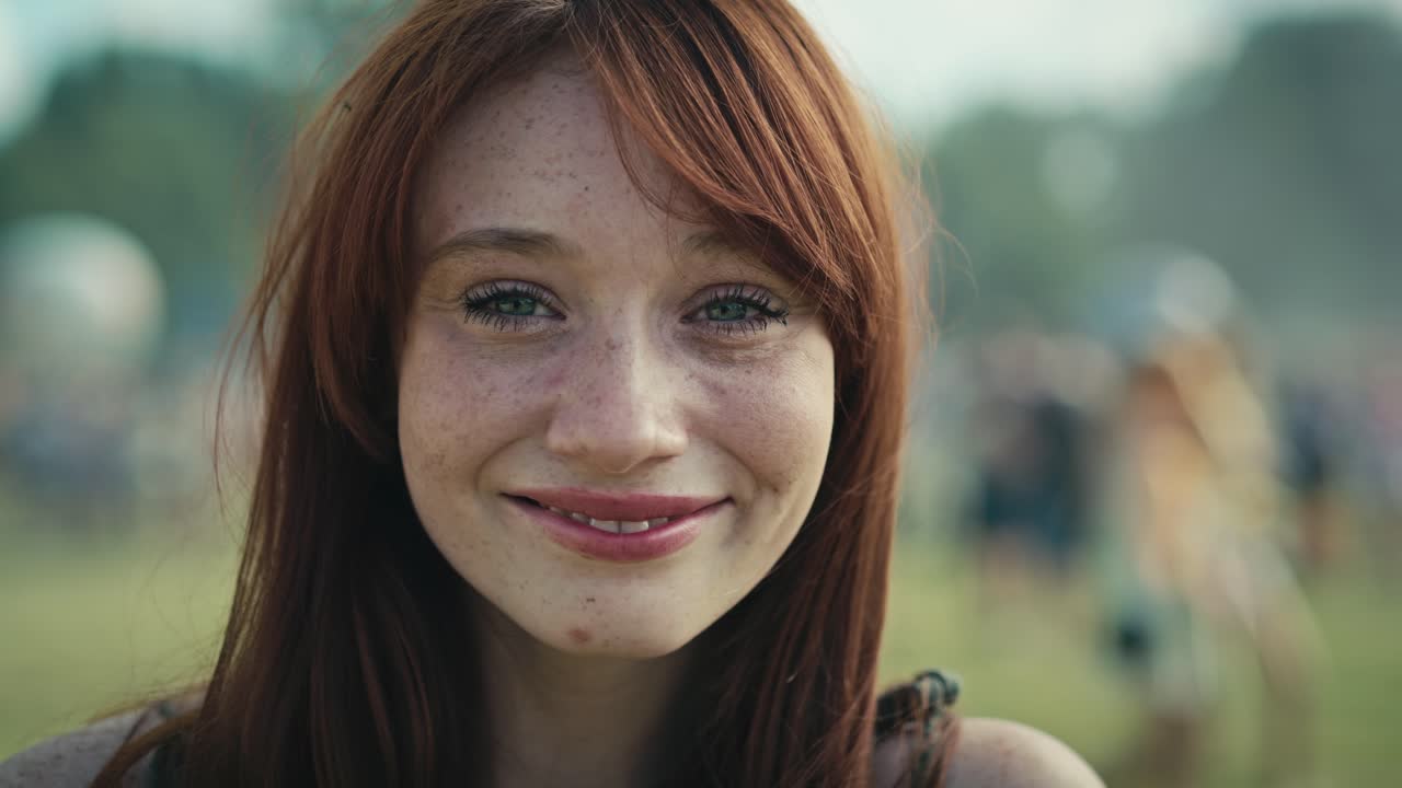 음악 축제 에서 미소 짓는  ⁇ 은 머리 를 가진 젊은 백인 여자 의 초상화