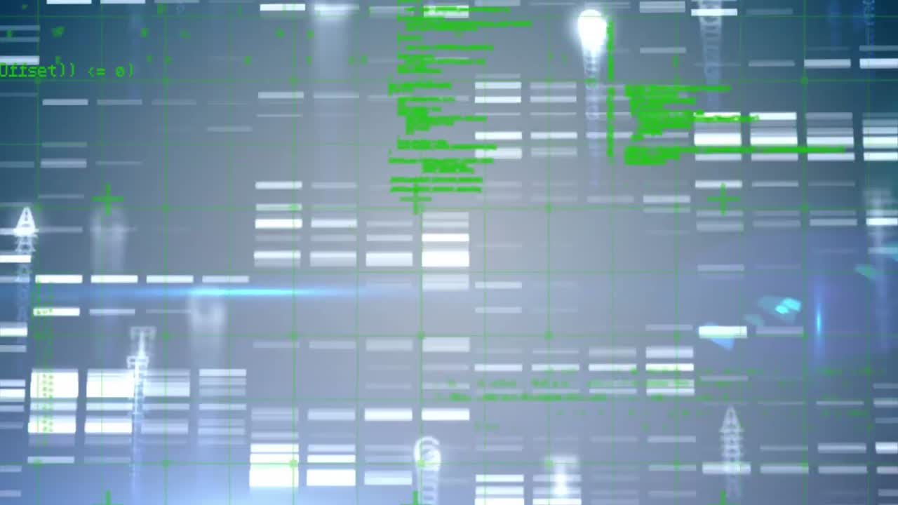 animación de formas rojas y púrpuras sobre columnas móviles y procesamiento de datos sobre fondo negro