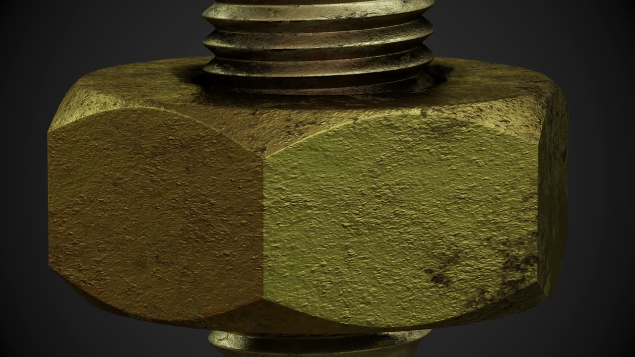 Rotating gold and rusted nut on dark background.
