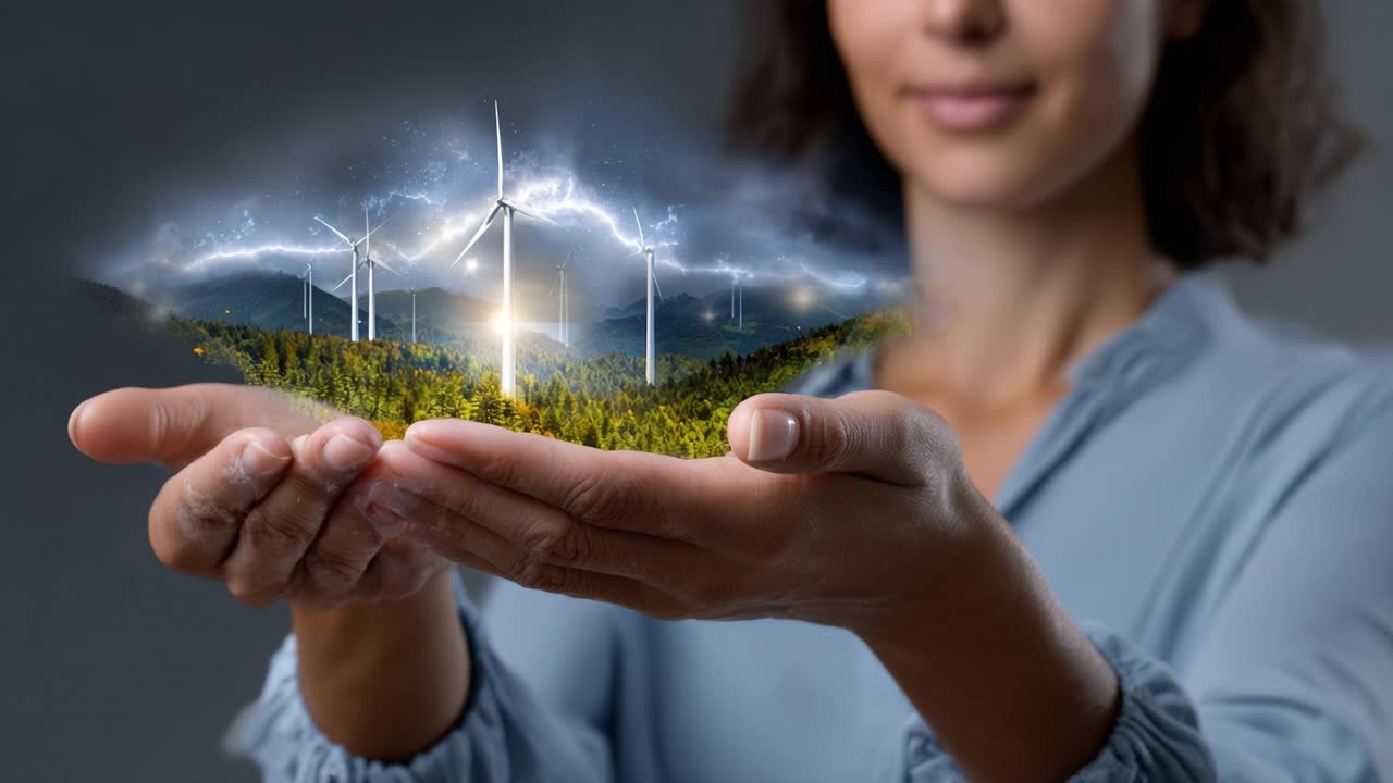 Una visión inspiradora de energía sostenible: Una mujer sostiene un paisaje exuberante con aerogeneradores rodeados de naturaleza, simbolizando la energía renovable y la conciencia ambiental.