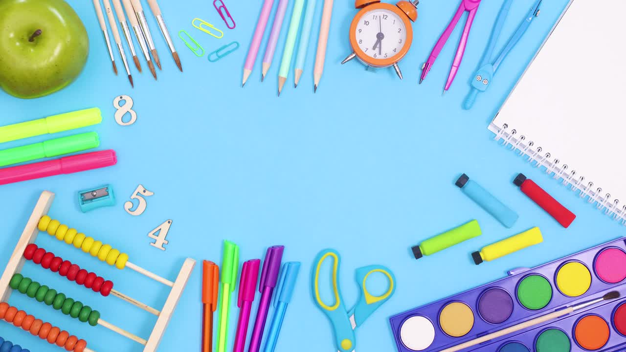 School frame made of moving school tools on blue theme. Stop motion
