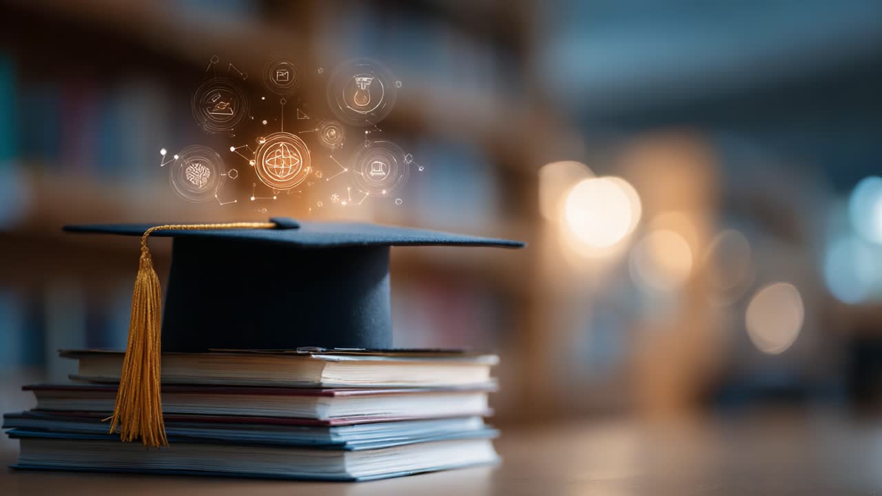 A Graduate Cap Sitting on a Stack of Books, Surrounded by Symbols Representing Education and Learning, Illuminating the Journey of Knowledge and Wisdom