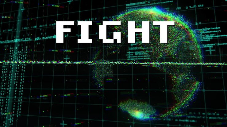 Animation of fight text over computer language, globe, graph and grid pattern