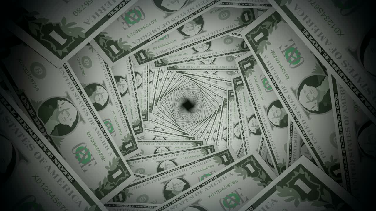 Abstrakti yhden dollarin setelin spiraalipyörretunnelitausta, silmukka-animaatio