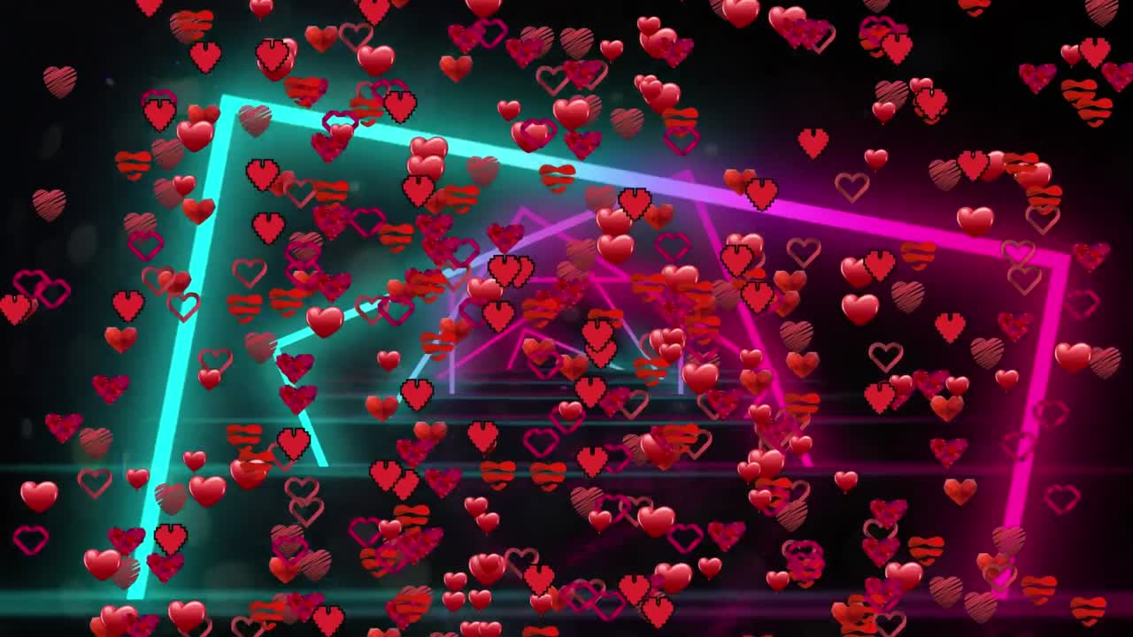 Animazione di cuori che volano sopra quadrati neon in movimento su sfondo nero