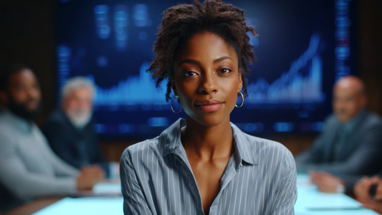 Confident Businesswoman Leading a Strategic Discussion in a Modern Conference Room with Visual Data Analytics Displayed in the Background, Representing Collaboration and Innovation in Leadership