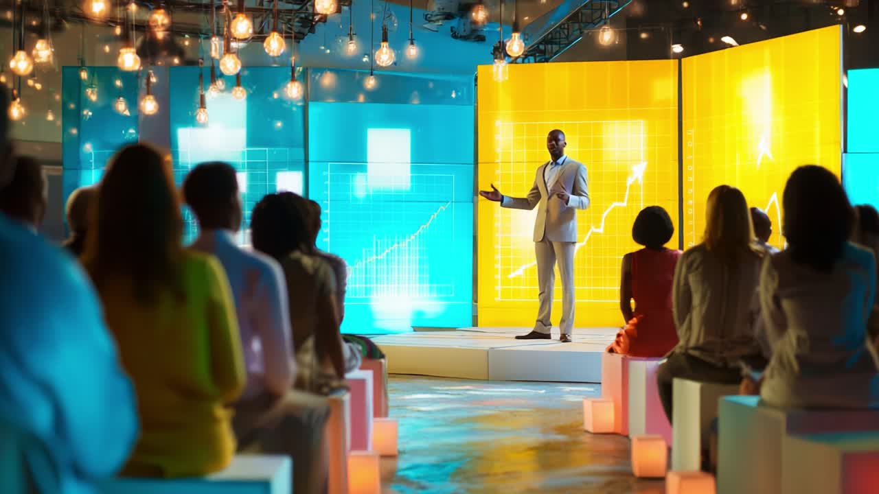 Engaging Business Presentation: A Dynamic Speaker Captivates the Audience with Insightful Data Visualizations and Innovative Ideas in a Modern Conference Setting