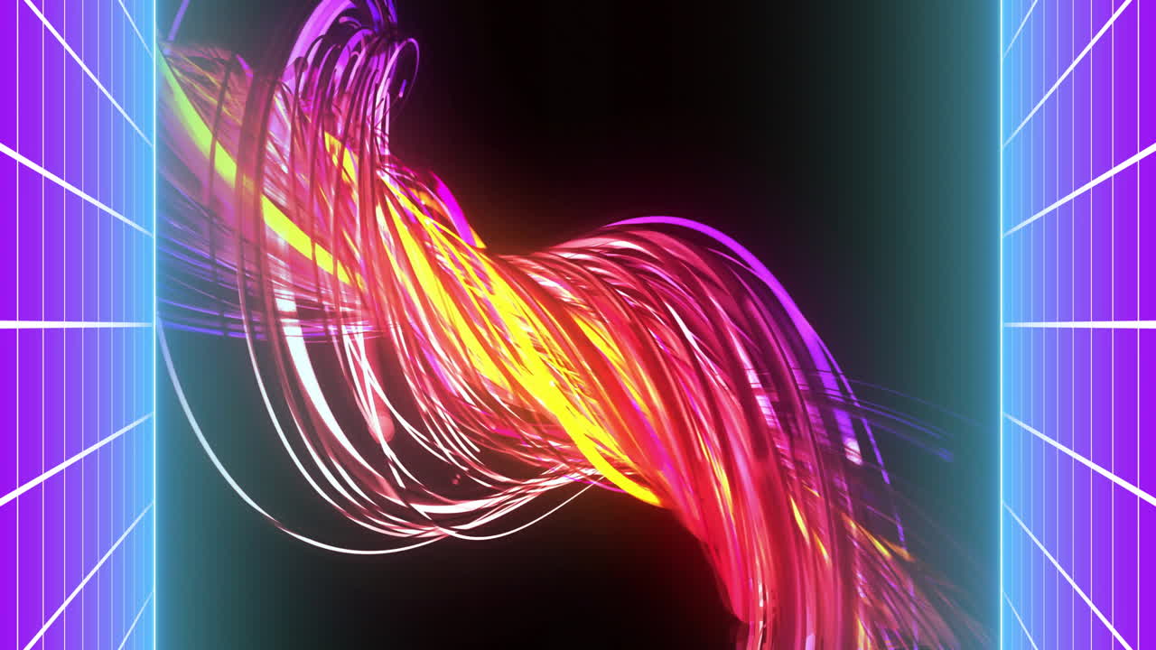 Forming abstract shapes, colorful light trails in futuristic animation