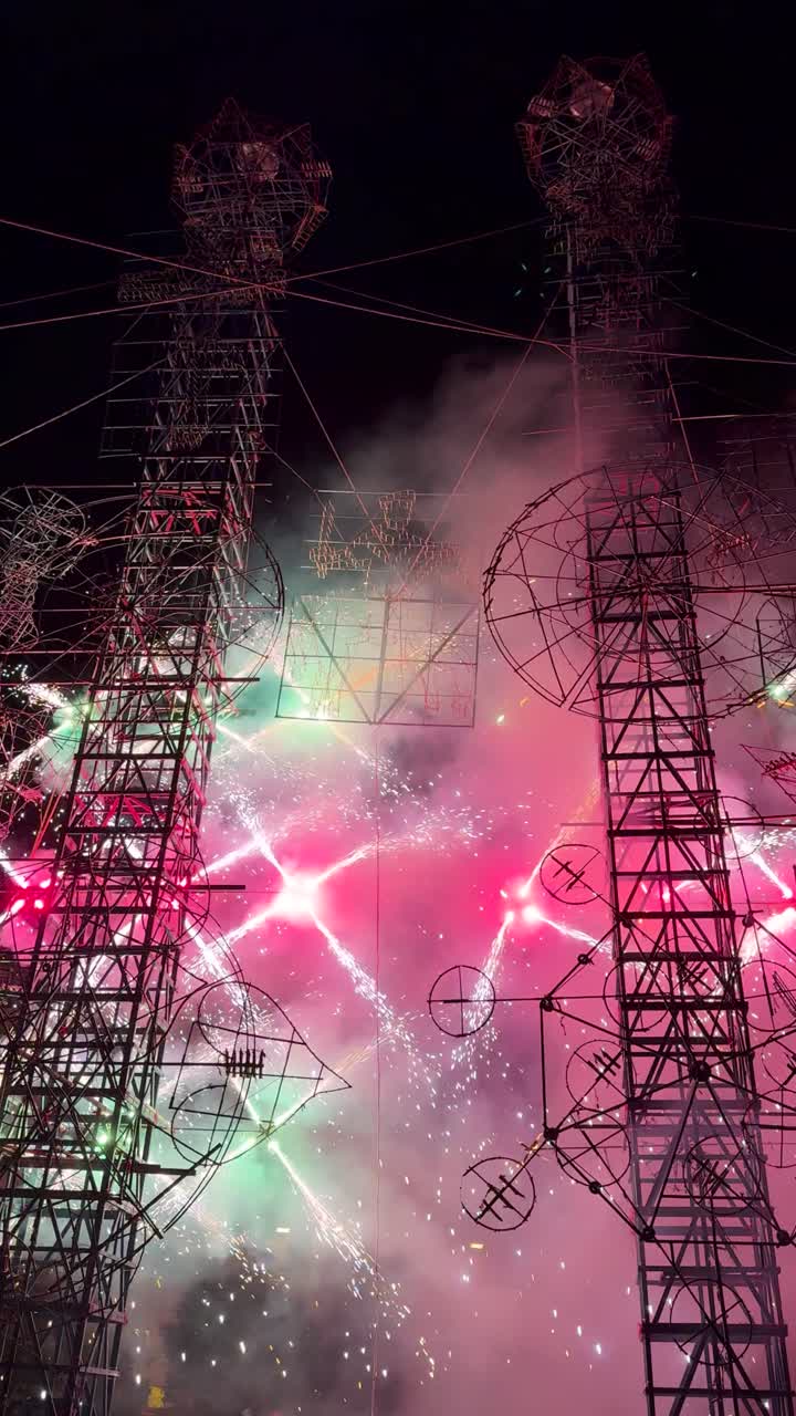 Large metal stage installation with fireworks pyrotechnics show