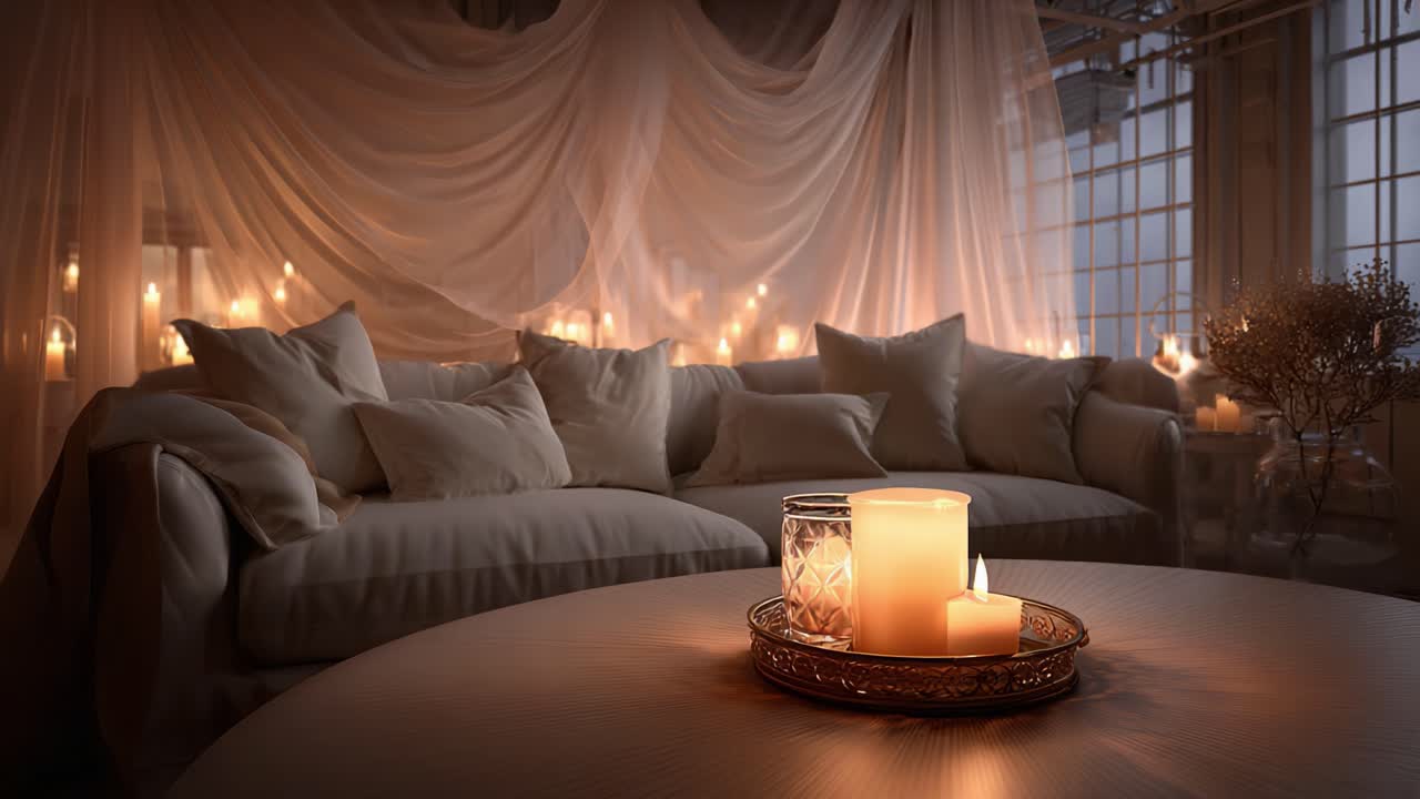 Uno spazio abitativo accogliente e sereno, valorizzato da un'illuminazione soffusa e da un arredamento elegante con candele, che crea un'atmosfera calda perfetta per il relax.