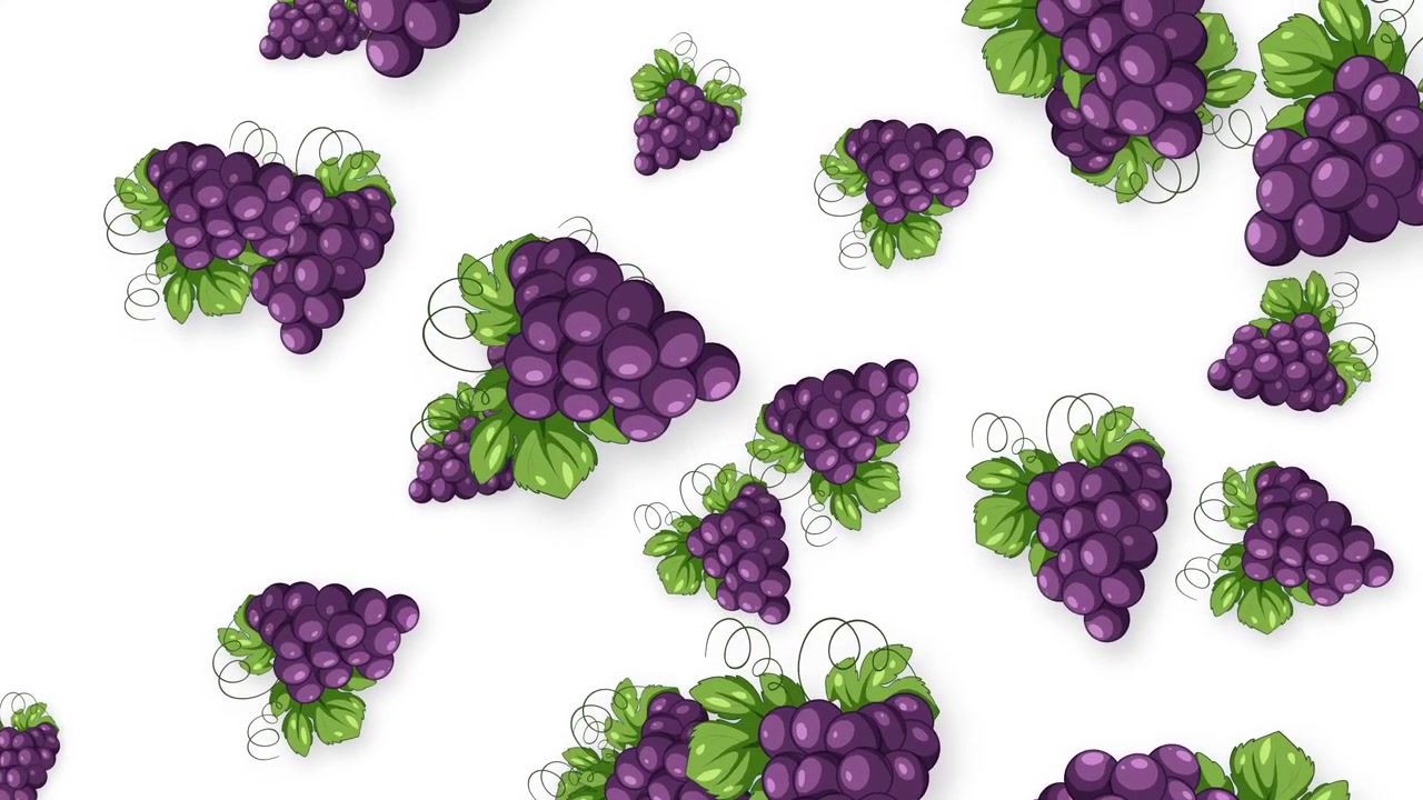Grappoli d'uva viola animati con foglie verdi che cadono verticalmente su uno sfondo bianco pulito.