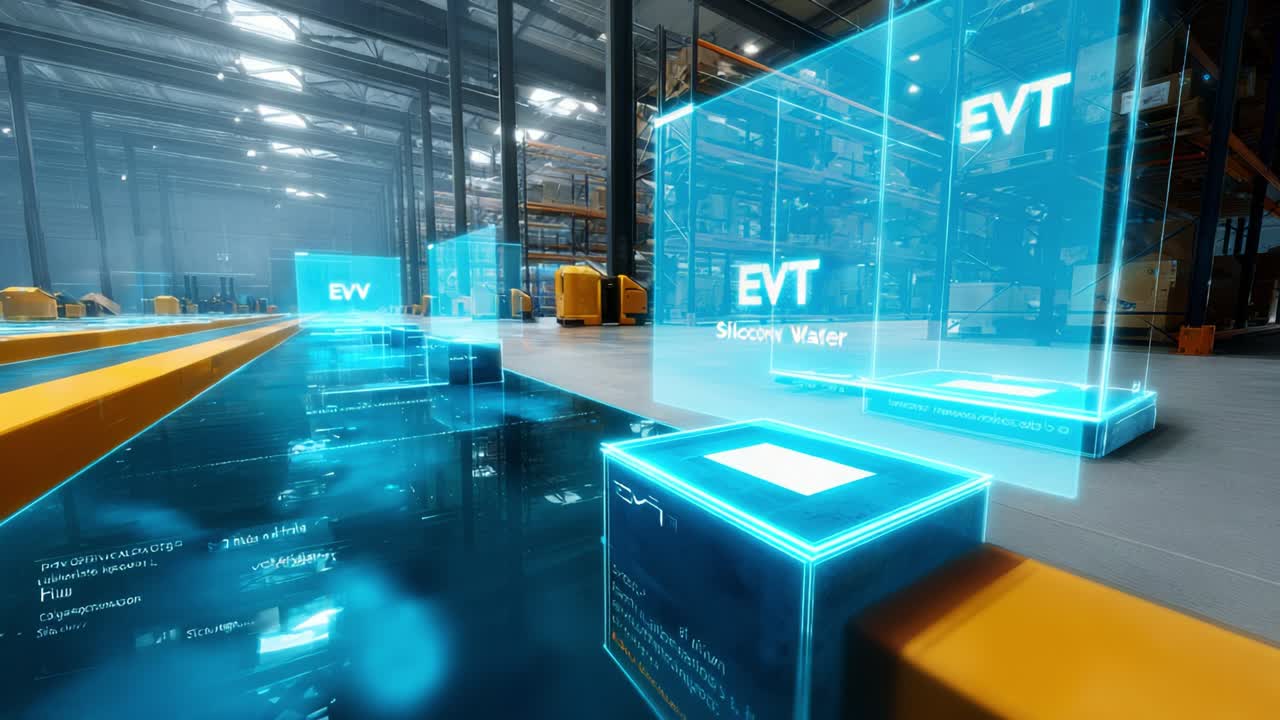 Advanced Logistics Warehouse Featuring Transparent Digital Displays and High-Tech Inventory Boxes in a Futuristic Industrial Environment with Full Automation and Data Integration