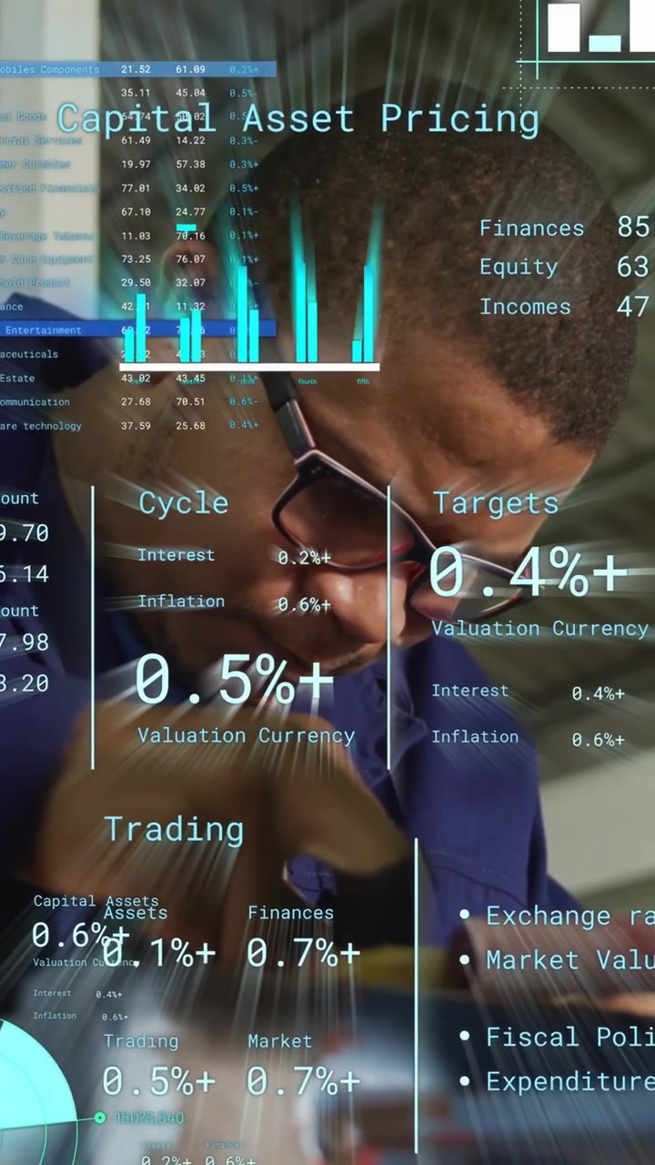 Vertical video: Man tapping device and updating finance tickers and charts for asset targets