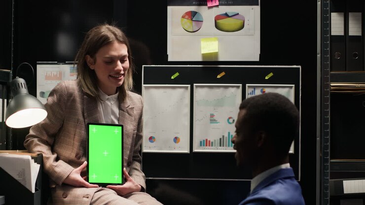Riunione di lavoro con presentazione su tablet con green screen