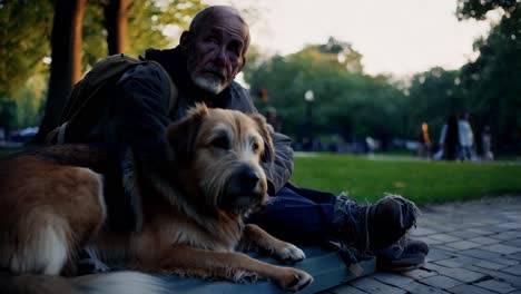 homeless man and dog in park at sunset