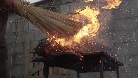 pig singeing with straw and fire during traditional slaughter in minho portugal
