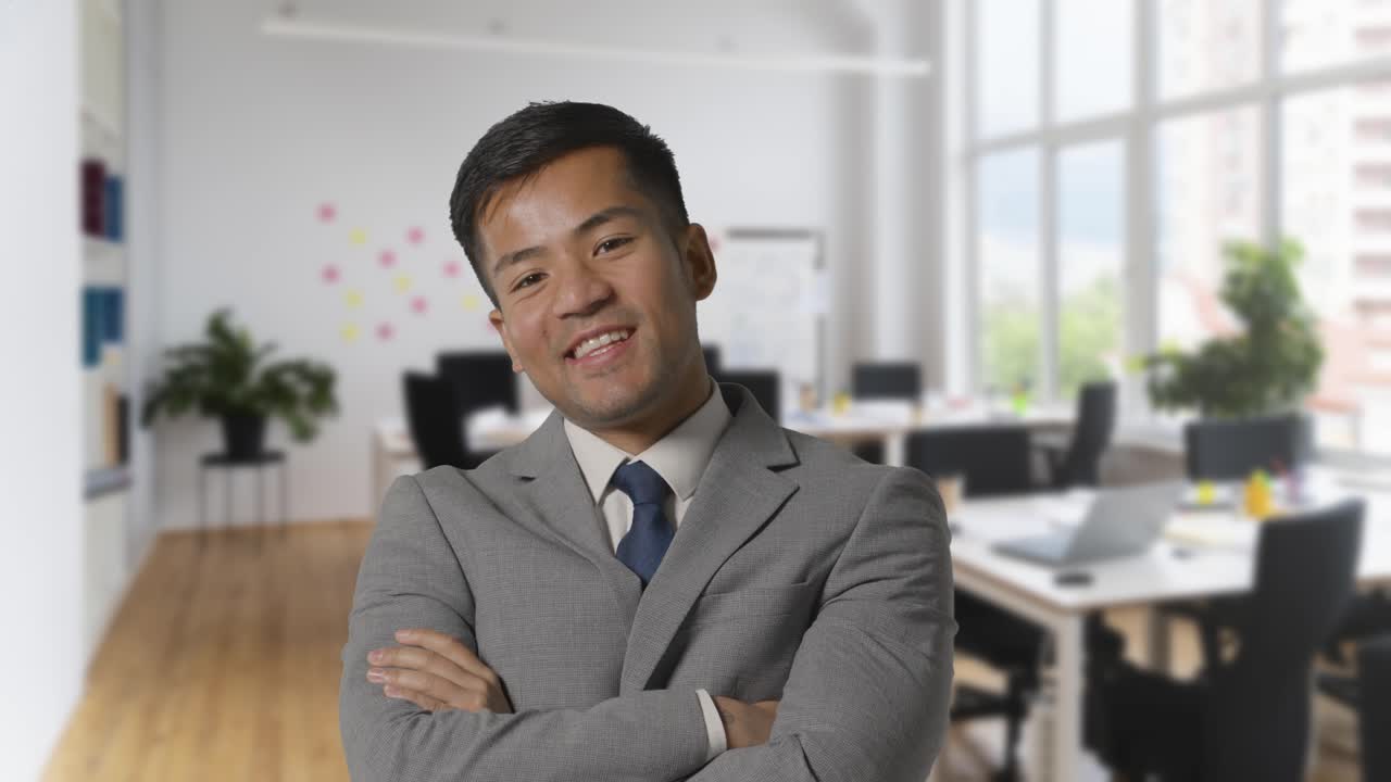 현대적 인 오픈 플랜 사무실 에 서 있는 슈트 를 입은 미소 짓는 사업가 의 초상화