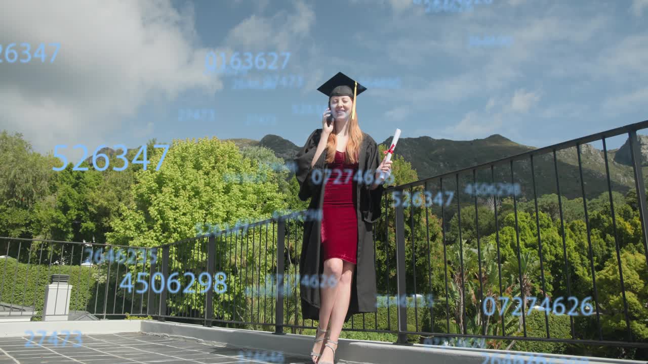 Graduate walking roof answering phone holding scroll for graduation causing blue numbers floating