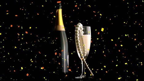 Animation-of-confetti-falling-and-champagne-bottle,-and-glass-with-pearl-necklace-in-it,-on-black