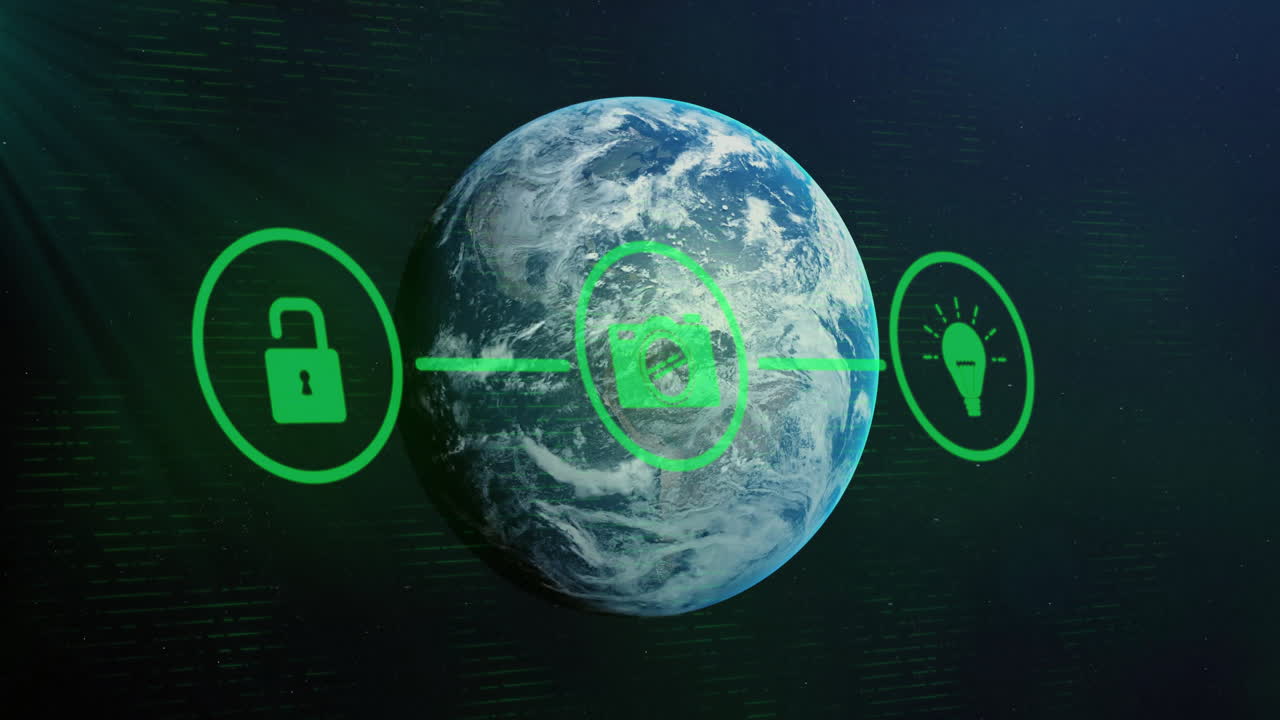 Animation of network of connections with icons over globe and dark background