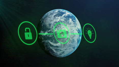 animation of network of connections with icons over globe and dark background
