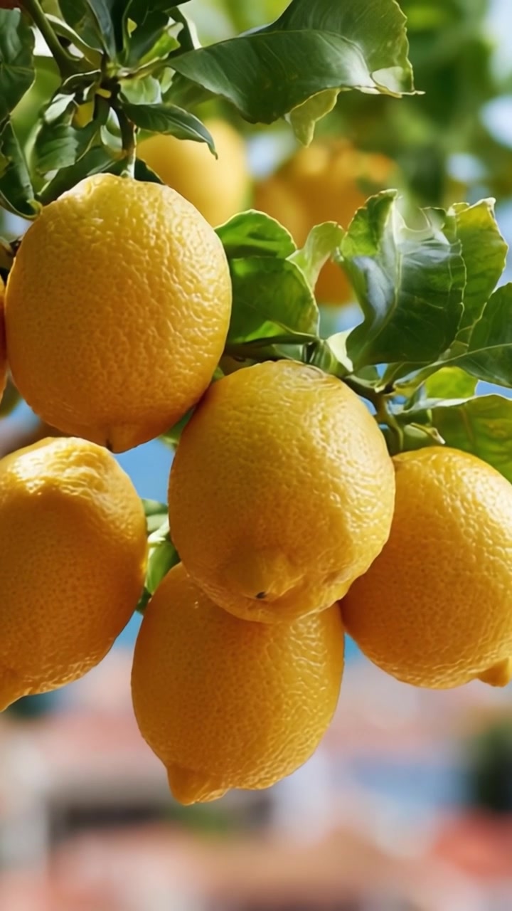 Primo piano vibrante di limoni appena maturi su un albero, che mostra il colore giallo brillante e la consistenza lucida dei frutti, circondati da foglie verdi lussureggianti.