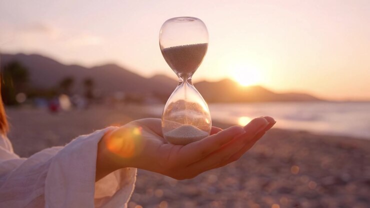 Person Holding Hourglass on Beach at Sunset