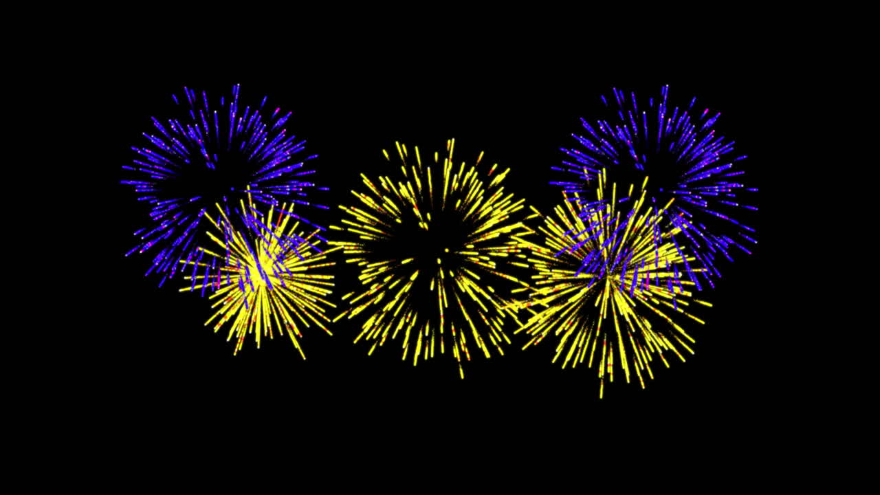 Animation of yellow and purple christmas and new year fireworks exploding in night sky