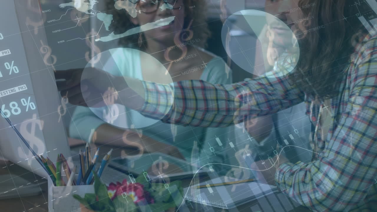 Animation of diverse data and graphs over happy diverse female and male workers using computer