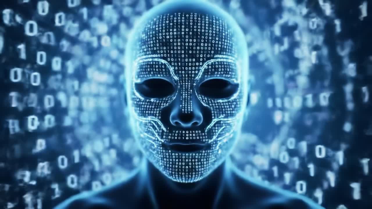 Rappresentazione Futuristica di un Volto di Intelligenza Artificiale Incorporato con Codice Binario, che Mostra l'Intersezione tra Tecnologia e Attributi Simili a Quelli Umani nel Regno Digitale