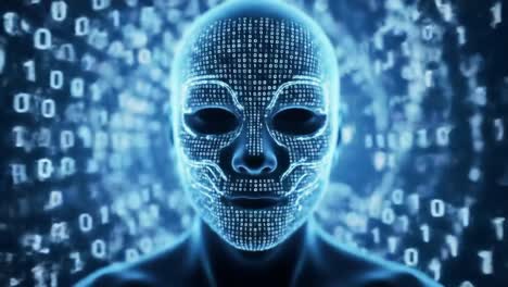 futuristic representation of an artificial intelligence face embedded with binary code, showcasing the intersection of technology and human-like attributes in a digital realm