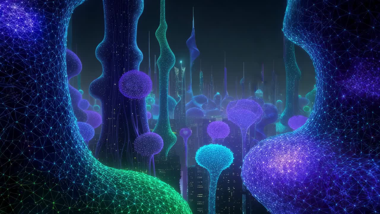 밤에 빛나는 미래의 도시 풍경