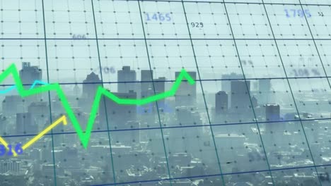 animation of statistical data processsing over grid network against aerial view of cityscape
