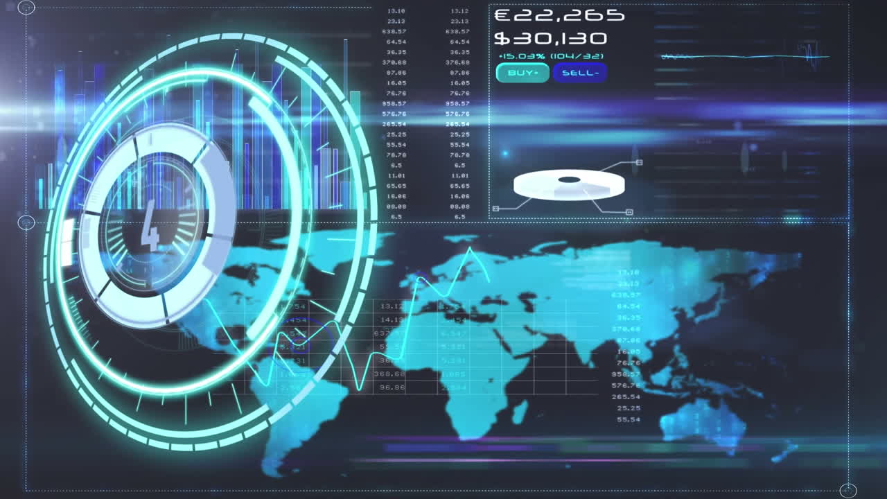 animación de cuenta atrás con escaneo de alcance y procesamiento de datos y mapa del mundo en pantalla
