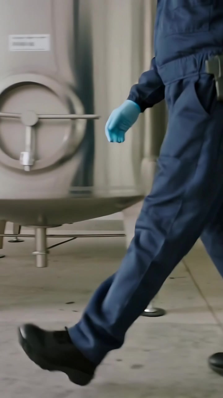 Vertical video: Entering frame, walking worker in coveralls passing tanks at plant, glove and radio