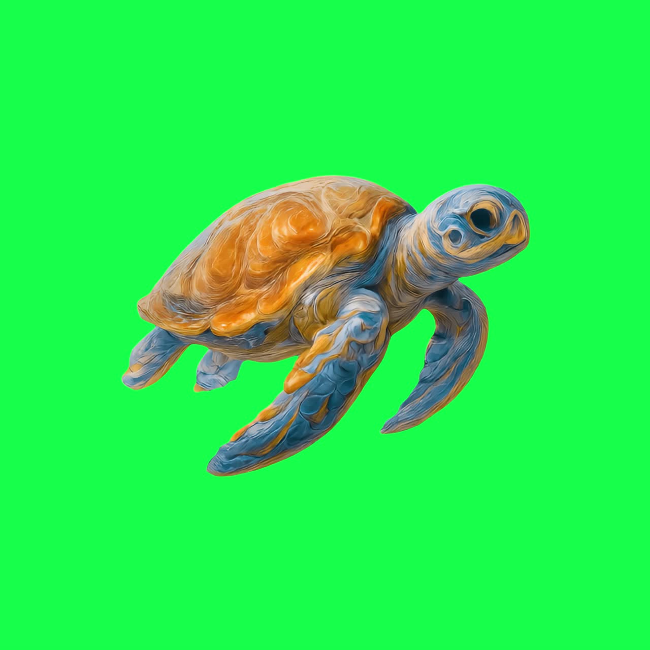 Colorful turtle swimming gracefully animation, transparent 4K video, green screen