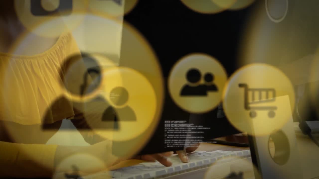 Animation of African American woman working with headphones over black and yellow icons moving