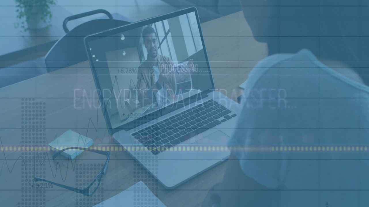 로딩 바와 암호화된 데이터 전송 텍스트의 애니메이션, 다양한 동료들이 보고서를 논의합니다.