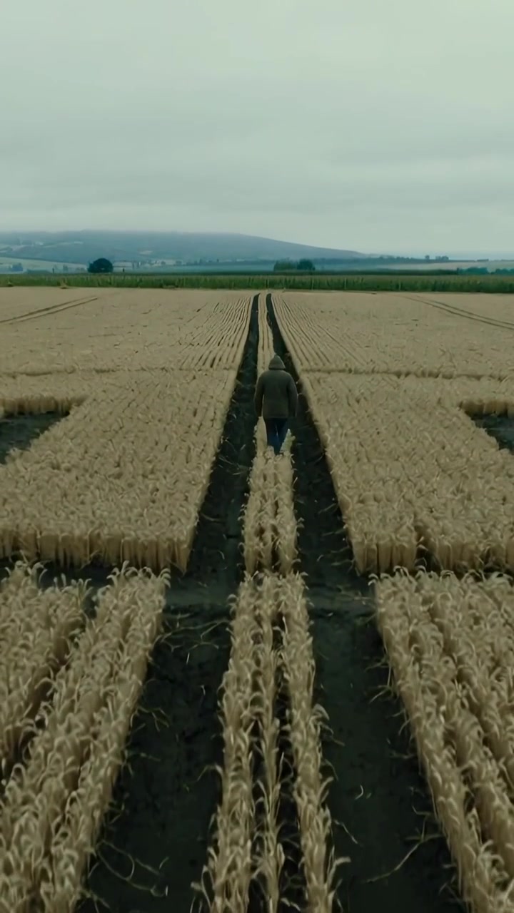 Vertical video: Camera rising, man wearing green hood walking center track toward hills, with grain