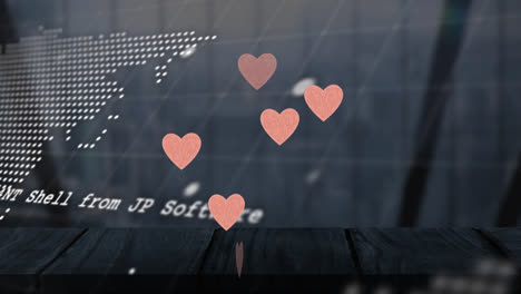 Animation-of-hearts-floating-over-world-map-and-data-processing