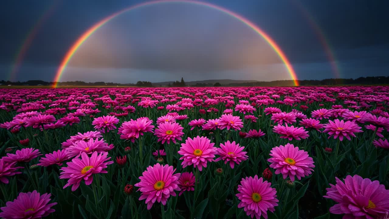 A Vibrant Display of Pink Daisies Beneath a Dramatic Double Rainbow: Capturing the Beauty of Nature in a Colorful Floral Landscape
