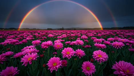 a vibrant display of pink daisies beneath a dramatic double rainbow: capturing the beauty of nature in a colorful floral landscape