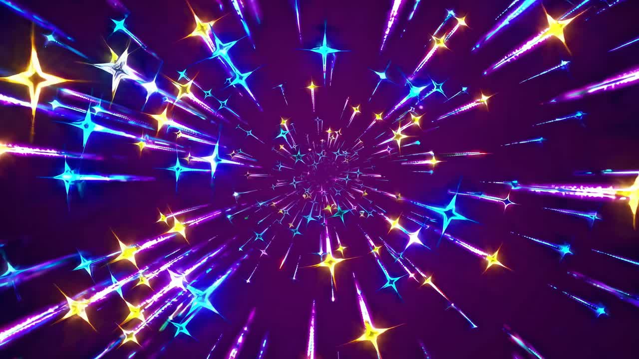 Dynamic video of colorful starbursts in a tunnel effect, captured from a central perspective