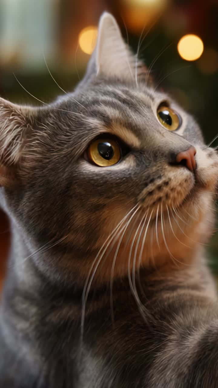 Un elegante gato gris con llamativos ojos amarillos mira hacia arriba con curiosidad, enmarcado por suaves luces bokeh, personificando el encanto y la elegancia de la belleza felina.