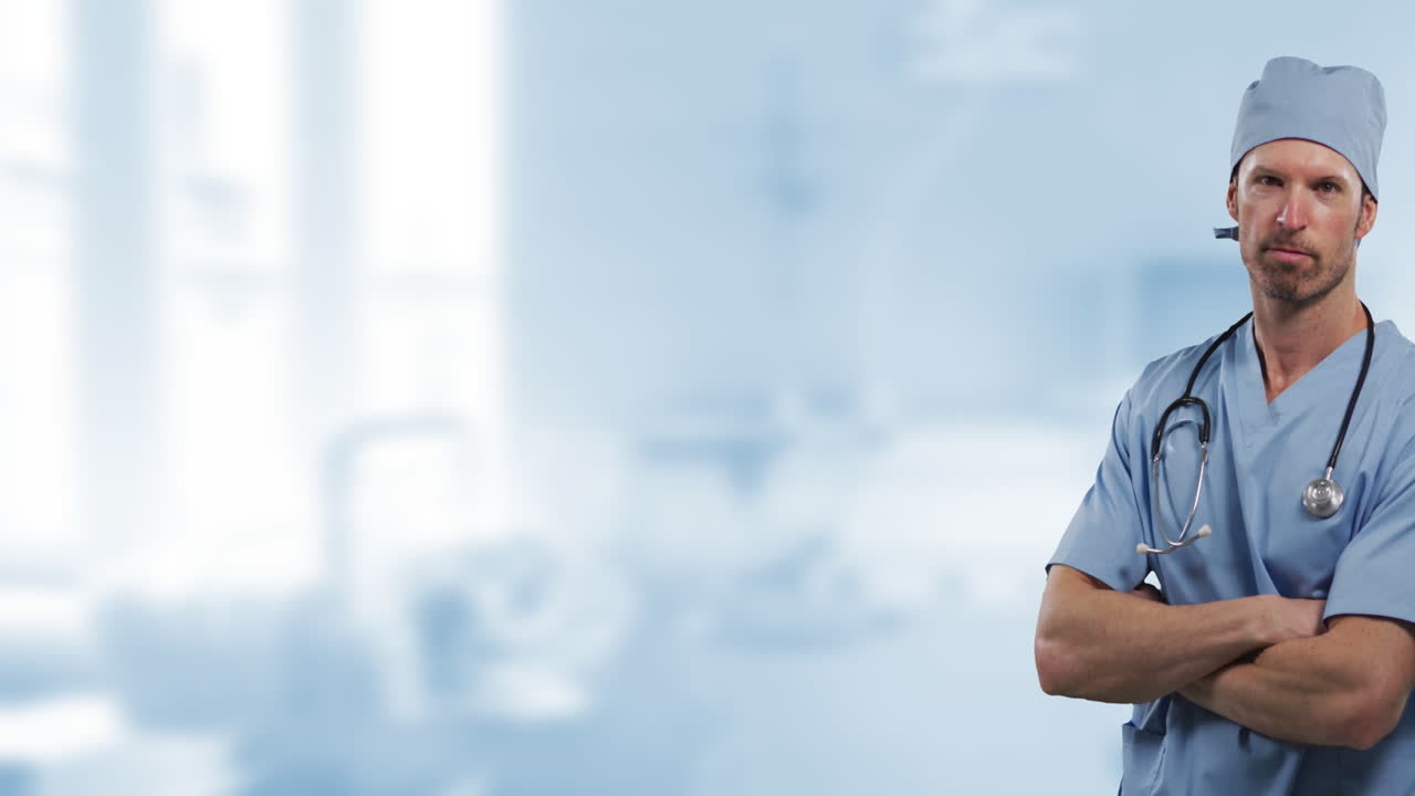 Animation of caucasian male health worker smiling against blurred background with copy space