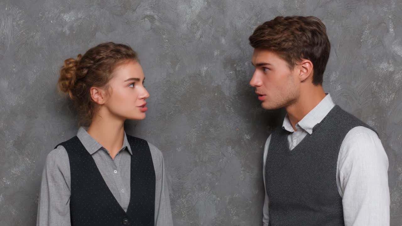 Conversazione coinvolgente tra due giovani professionisti ripresi in un elegante ambiente da studio, che mette in risalto l'emozione e la connessione nelle loro espressioni