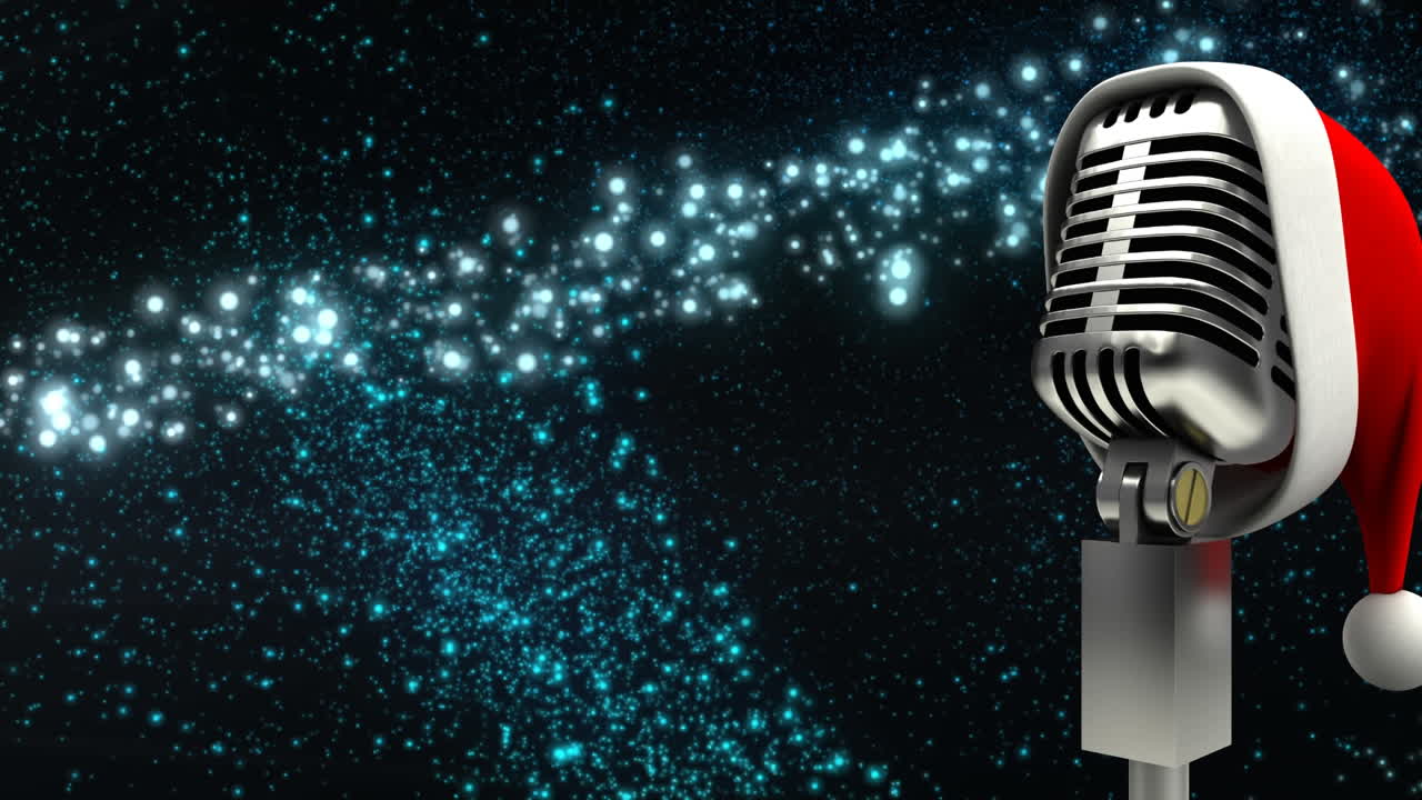 animación del micrófono rerto con el sombrero de santa sobre la estrella de navidad cayendo sobre un fondo oscuro