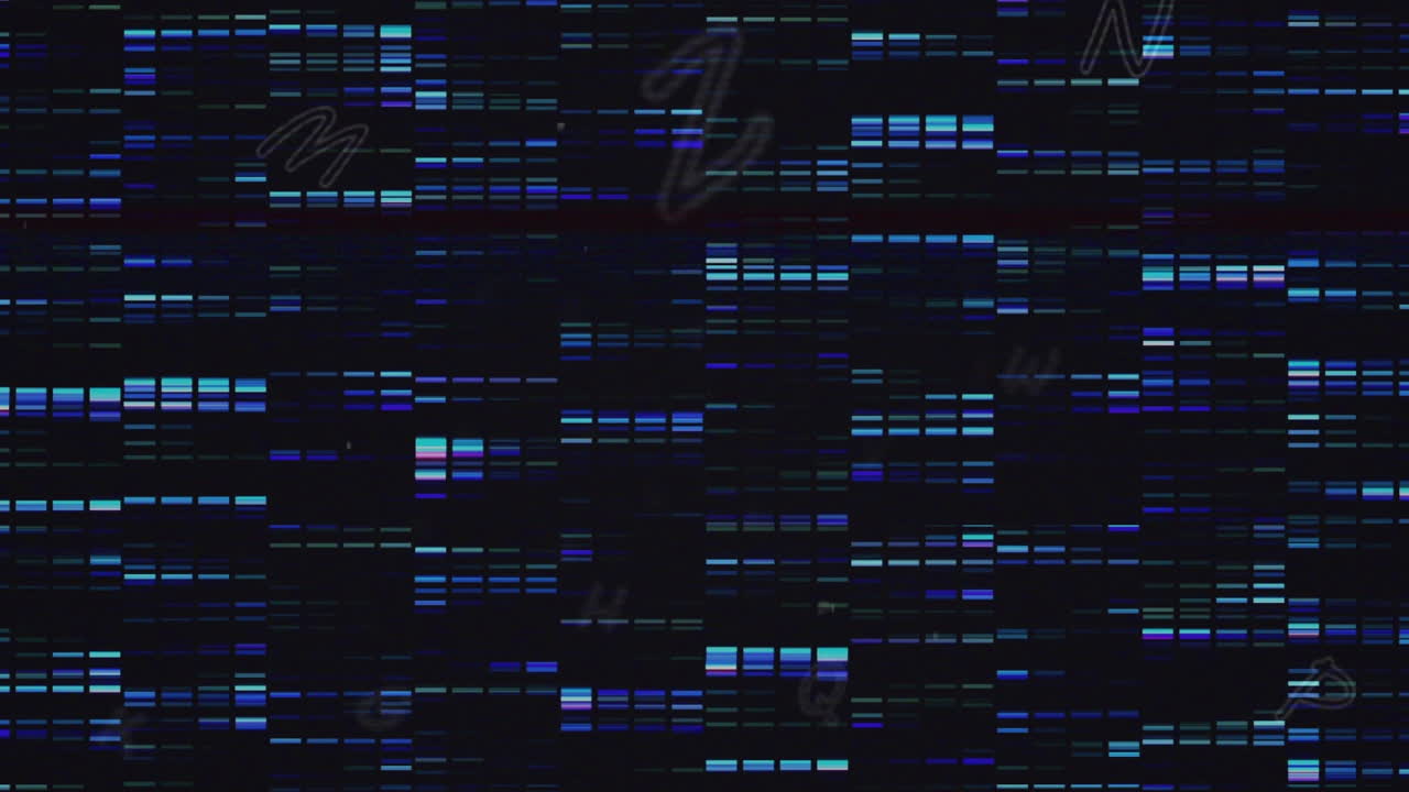 Animation of abstract network server lights moving over alphabets on digital interface