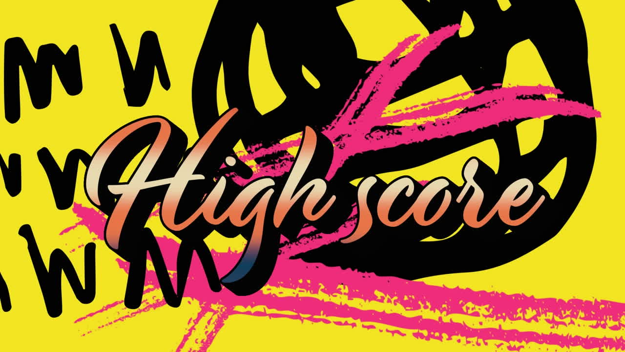 animación de texto de alta puntuación sobre gráficos y formas coloridas