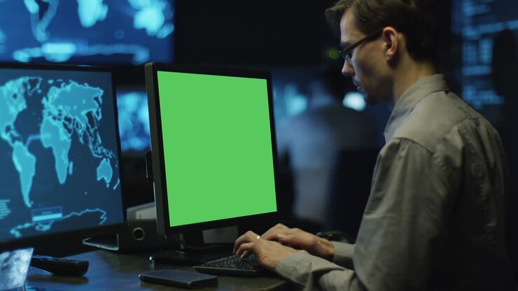 Koncentrerede programmører arbejder på personlige computere placeret i et systemkontrolrum. Computeren har greenscreen.